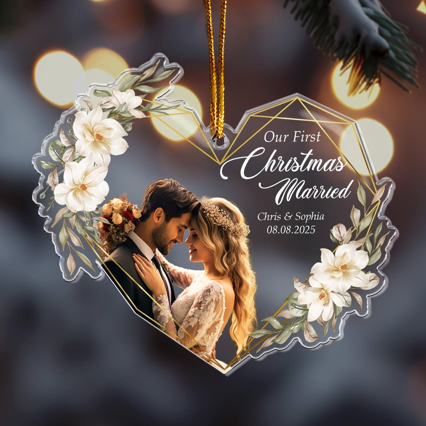 Heart-Shaped Acrylic Ornament with Wedding Design, Celebrating Romantic Moments, Perfect Gift for Newlyweds