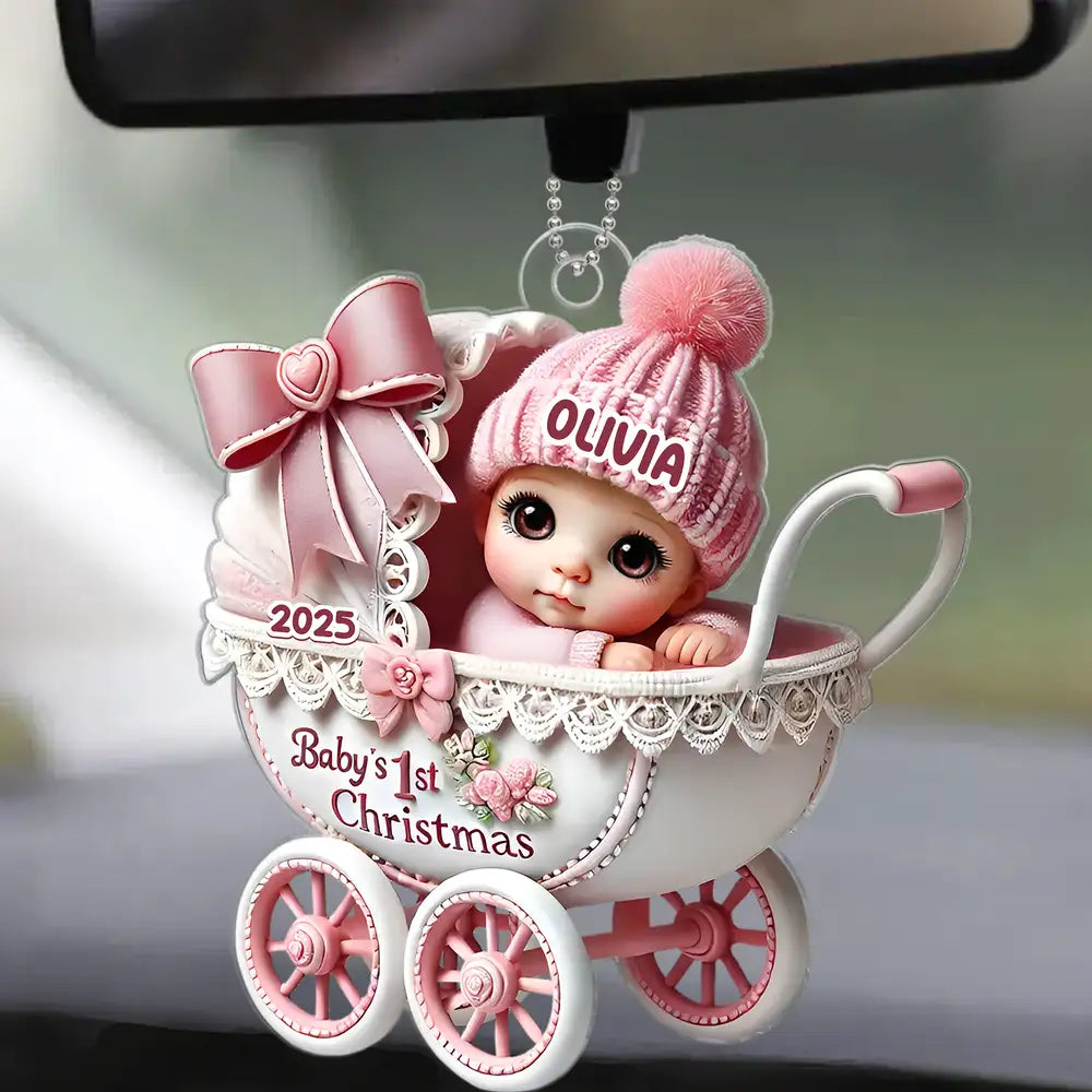 Custom Baby Girl Christmas Car Hanger – Pink Stroller Ornament for Newborn or Grandbaby