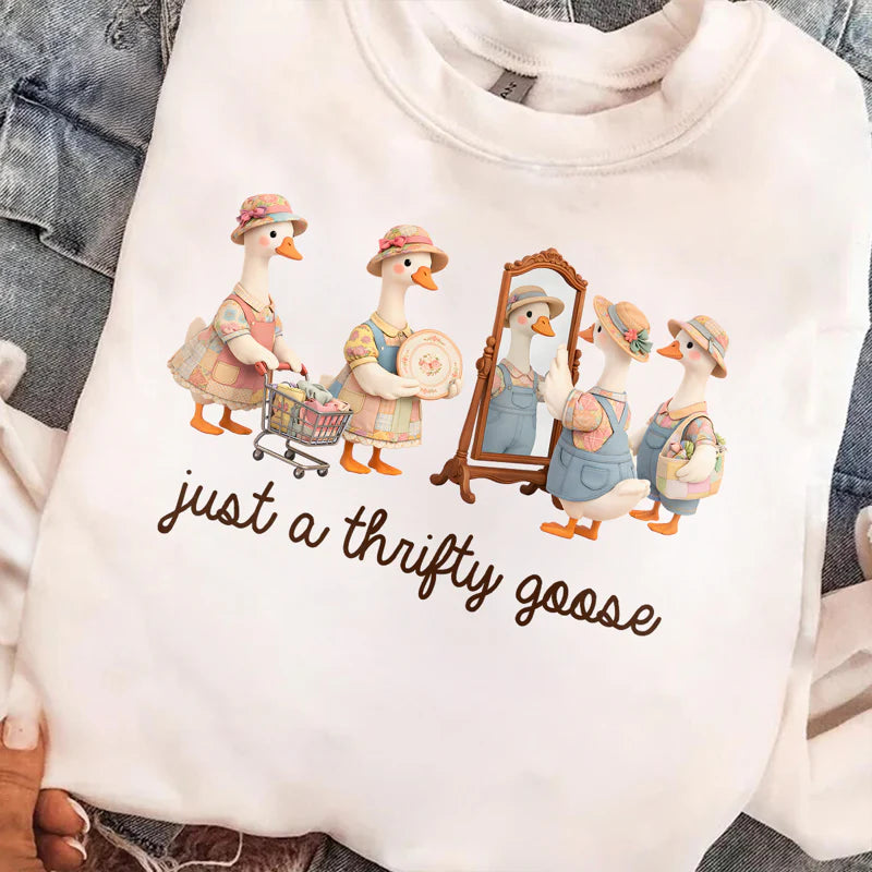 Personalized Just A Thrifty Goose Classic Tee, Cute Cartoon Goose Outfit Gift for Grandma or Mom