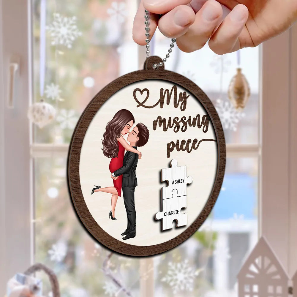 My Missing Piece Couple Hugging Kissing Personalized 2-Layer Wooden Ornament or Plaque or Keychain or Cup