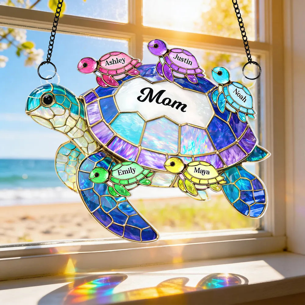 Personalized Sea Turtle Grandma Acrylic Suncatcher Ornament, Colorful Sunlight Reflection Window Decor, Unique Gift for Grandma