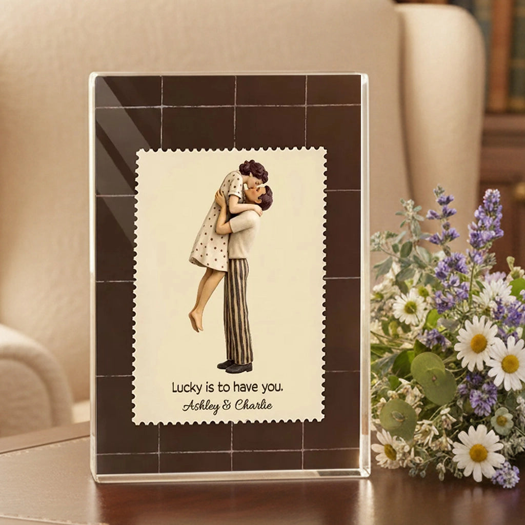 Lucky Is To Have You Rectangle Acrylic Block Plaque, Mid-Century Kiss Couple Desk Decor, Unique Valentine's Day Gift