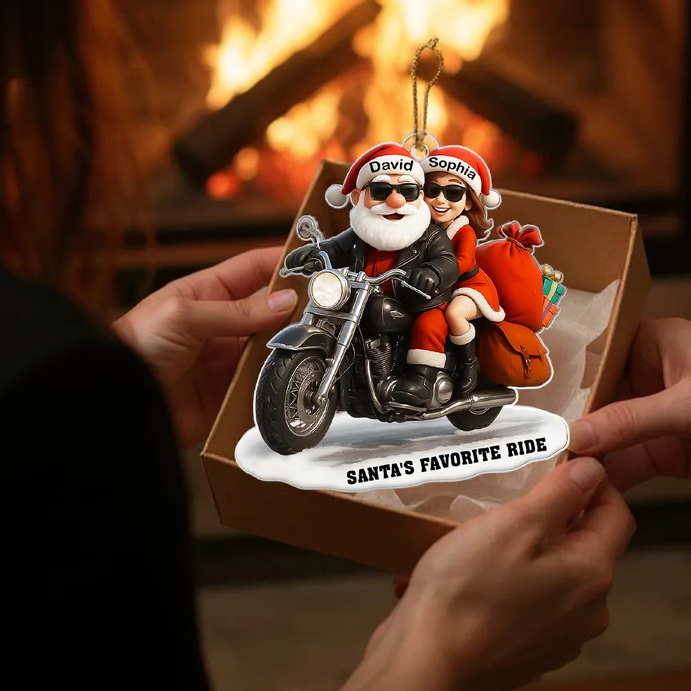 Acrylic Ornament Santa Biker Couple Ride, Christmas Tree Decor, Customizable Keepsake, Unique Gift for Couples