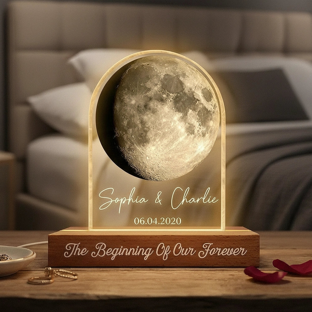 Personalized Moon Phase Block LED Light Plaque for Couple Anniversary Bedroom Decor, Warm Romantic Glow, Unique Gift