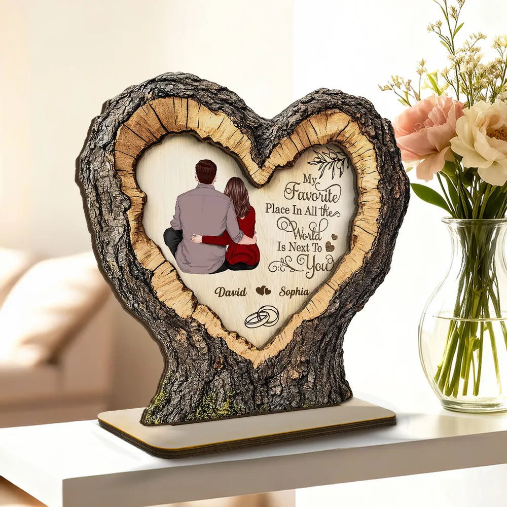 Personalized 2-Layer Wooden Plaque Heart Tree Ring Couple Hugging Unique Gift for Wife or Husband, My Favorite Place Is Next To You