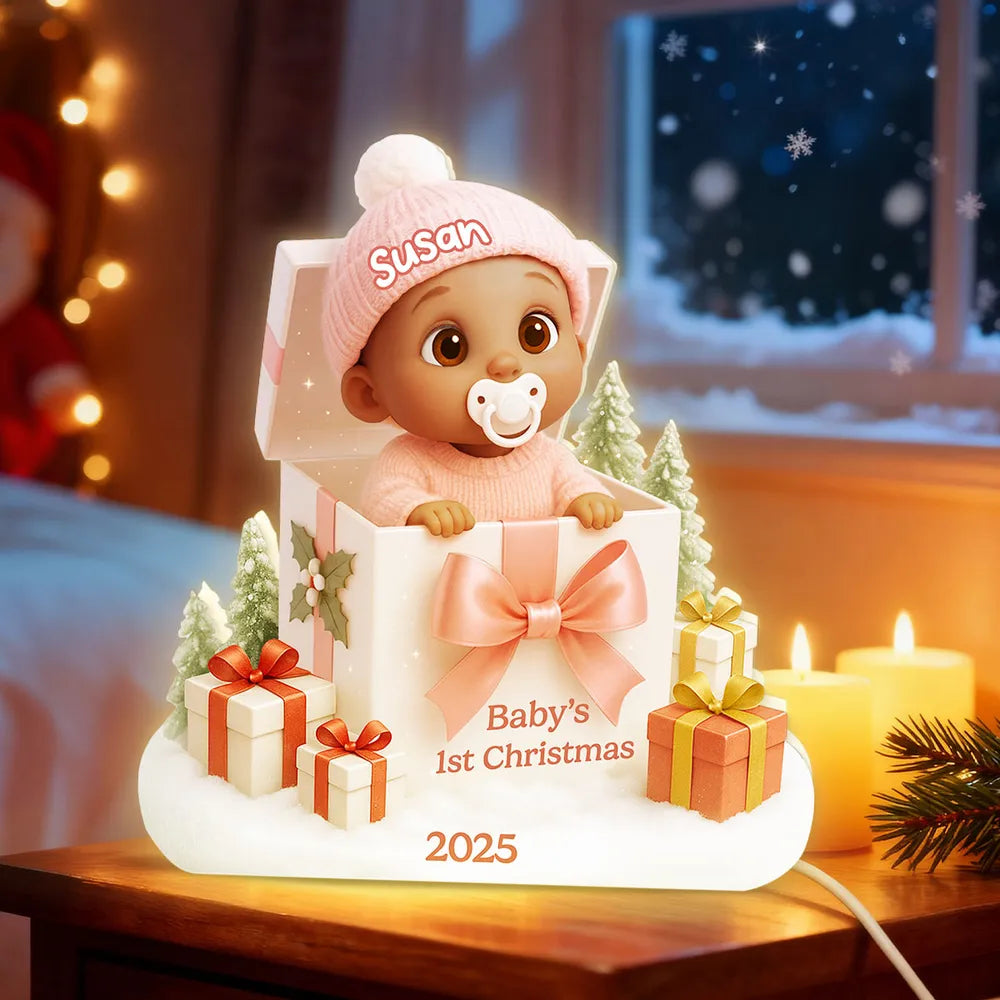 Personalized Acrylic Light Box for Baby's First Christmas – Cute Gift Box Scene, Warm Glow Nursery Lamp, Unique Keepsake Gift for New Parents
