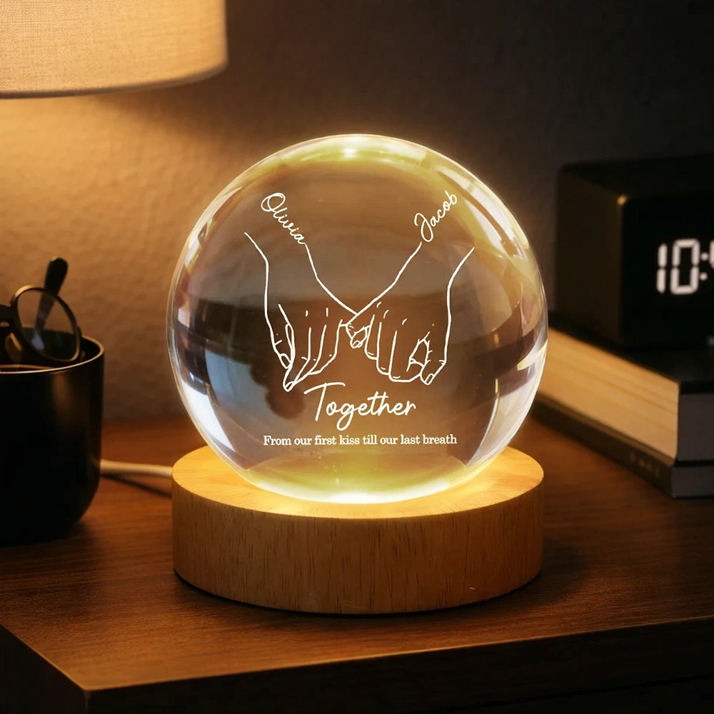 Personalized Globe Lamp with Interlocked Hands Quote Nightstand Decor, Unique Romantic Gift for Couples
