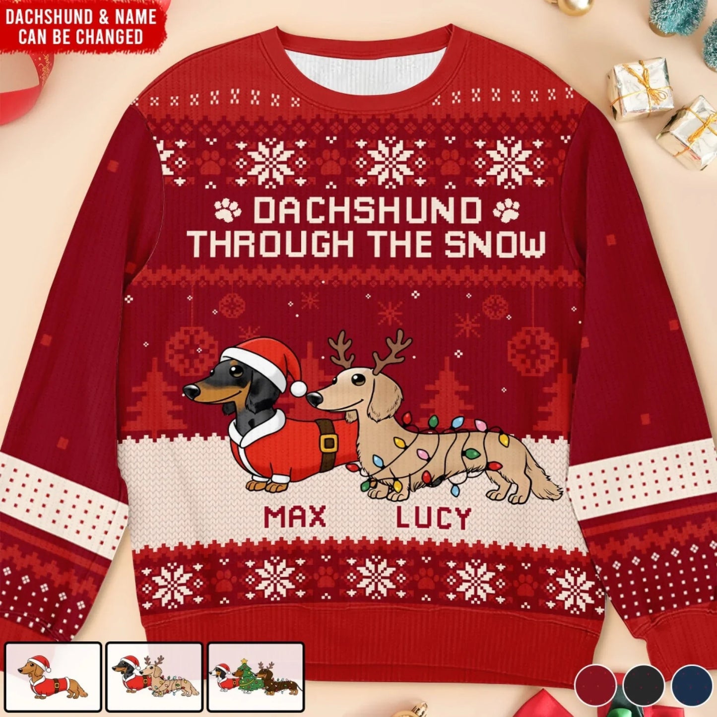 Personalized Printed Sweatshirt for Dachshund Lovers, Funny Christmas Ugly Sweater, Unique Holiday Gift