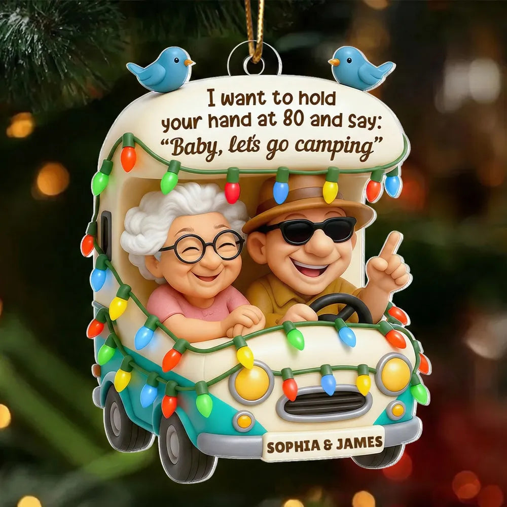 Personalized Camping RV Acrylic Ornament, Smiling Older Couple Road Trip Scene, Warm Holiday Decor, Creative Christmas Gift for Couples