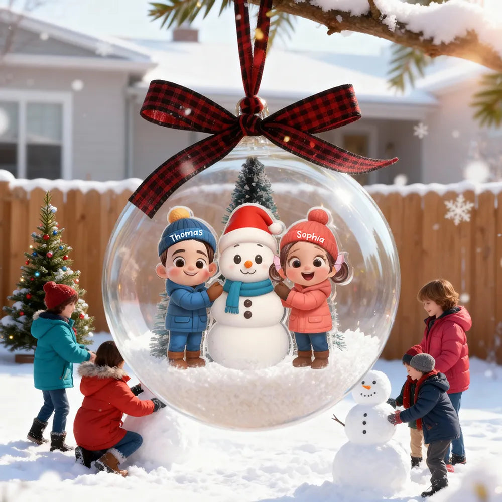 Snow Globe Ornament - Cute 3D Snowman Scene in Clear Acrylic, Easy to Hang, unique gift for Kids & Grandkids