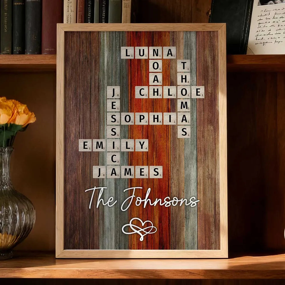 Personalized Family Name Poster Crossword Wall Art – Rustic Colorful Wood Decor, Heartfelt Home Display, Unique Gift for Parents & Loved Ones