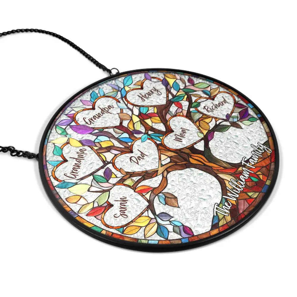 Personalized Family Tree Suncatcher Ornament – Custom Names on Stained Glass Look – Heartwarming Gift for Parents or Grandparents