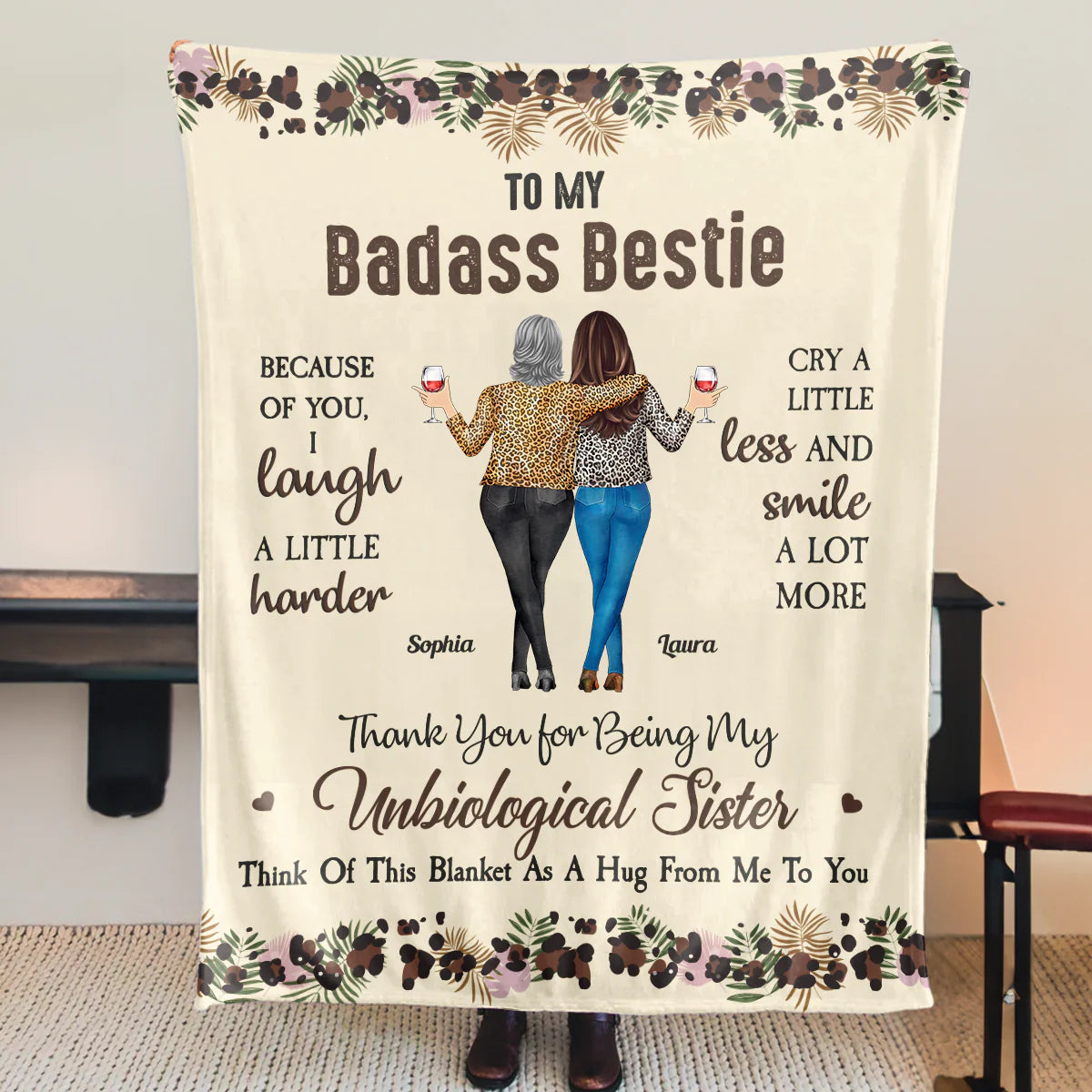 To My Badass Bestie Fleece Blanket, Personalized Friendship Hug Throw, Cute Leopard Floral Design, Creative Gift