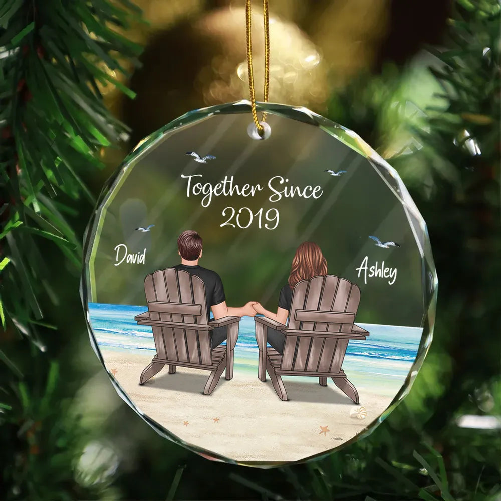 Crystal Ornament Personalized for Couples, Sitting Together at a Sunset Beach Scene, Romantic Keepsake Gift for Her