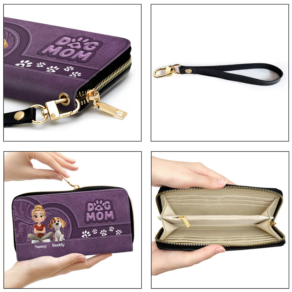 Custom Leather Long Wallet for Dog Moms – Adorable Pet Illustration with Name Personalization