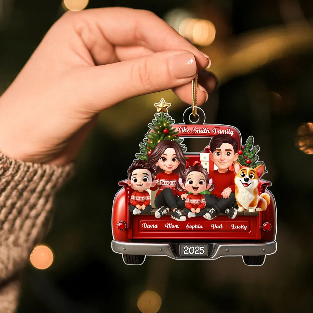 Acrylic Ornament — red truck Christmas family with tree & pup, cheerful décor for mantel or tree, sentimental keepsake, perfect gift