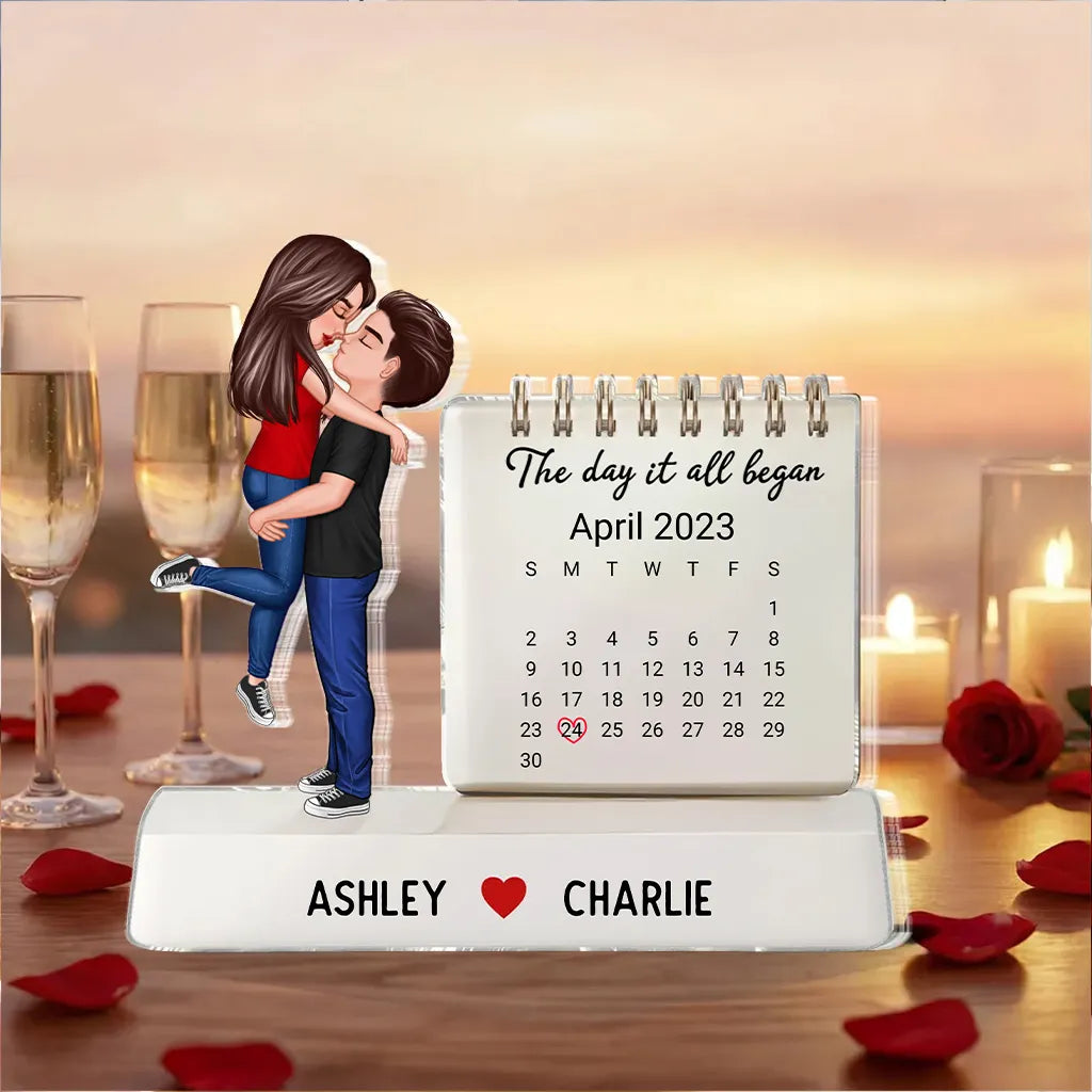 Personalized Shaped Acrylic Block Plaque Couple Hugging Kissing Calendar Keepsake, The Day It All Began, Unique Gift for Him or Her