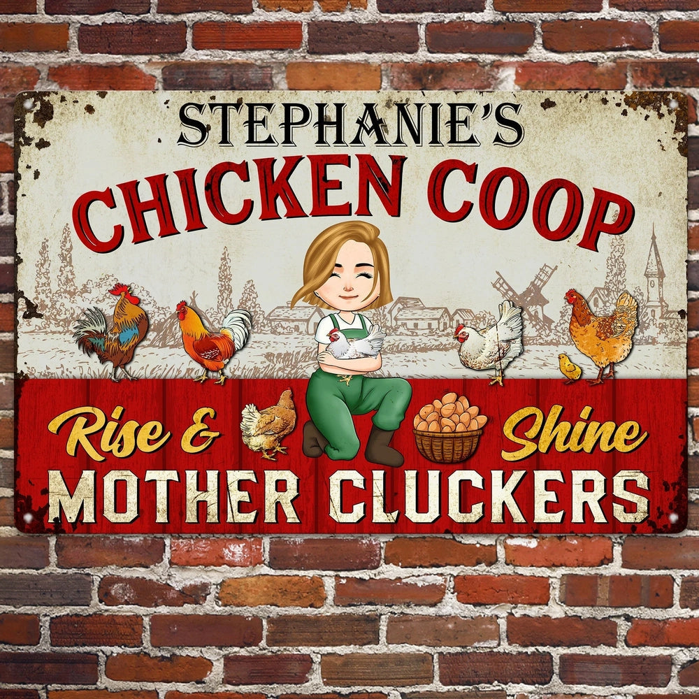 Personalized Rectangular Iron Sign Chicken Coop Farmhouse Cartoon, Rise & Shine Mother Cluckers, Unique Gift
