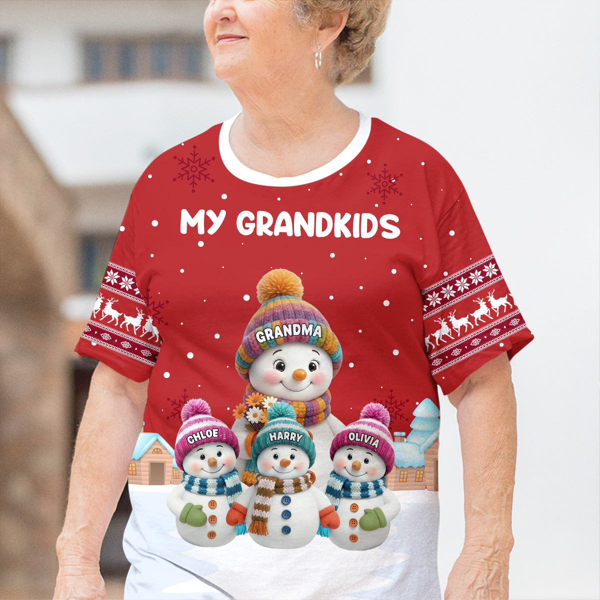 Personalized Printed Classic Tee for Grandma with Grandkids Snowman Scene, Cozy Christmas Gift She Will Love