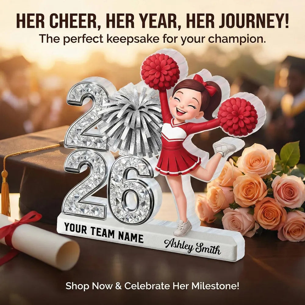 Shaped Acrylic Block Plaque With Cheerleader and Pom Poms Desk Decor, A Sweet Personalized Keepsake Gift