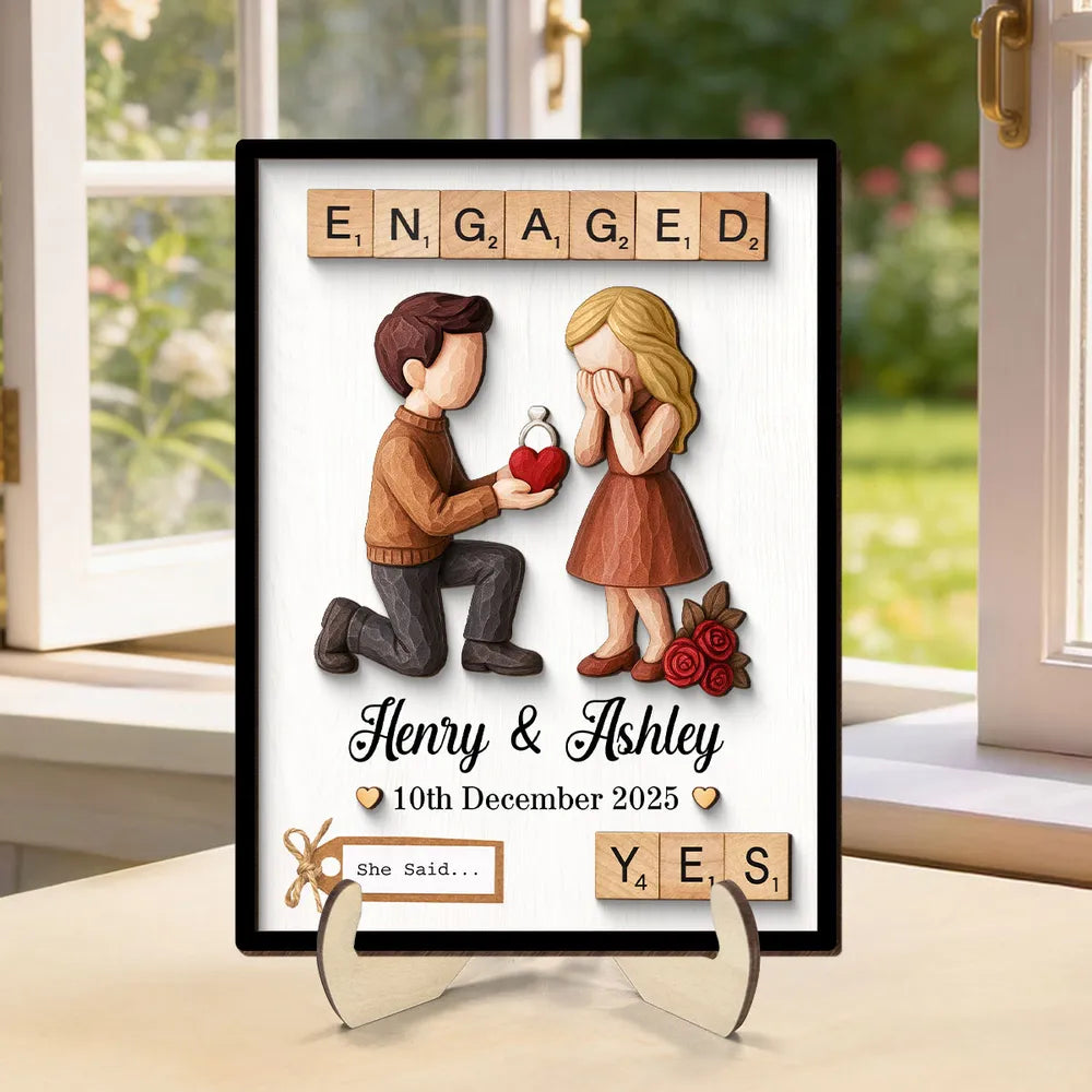 2-Layer Wooden Plaque with Engaged Couple Proposal Scene and 'She Said... Yes' - Personalized Keepsake Gift for Couples