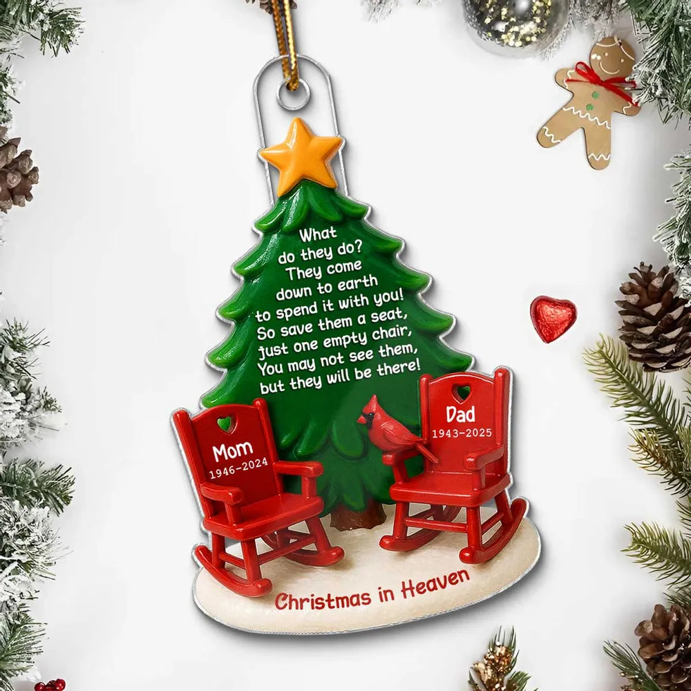 Acrylic Ornament Christmas in Heaven – Red Rocking Chairs & Tree Design, Touching Memorial Gift for Parents or Family