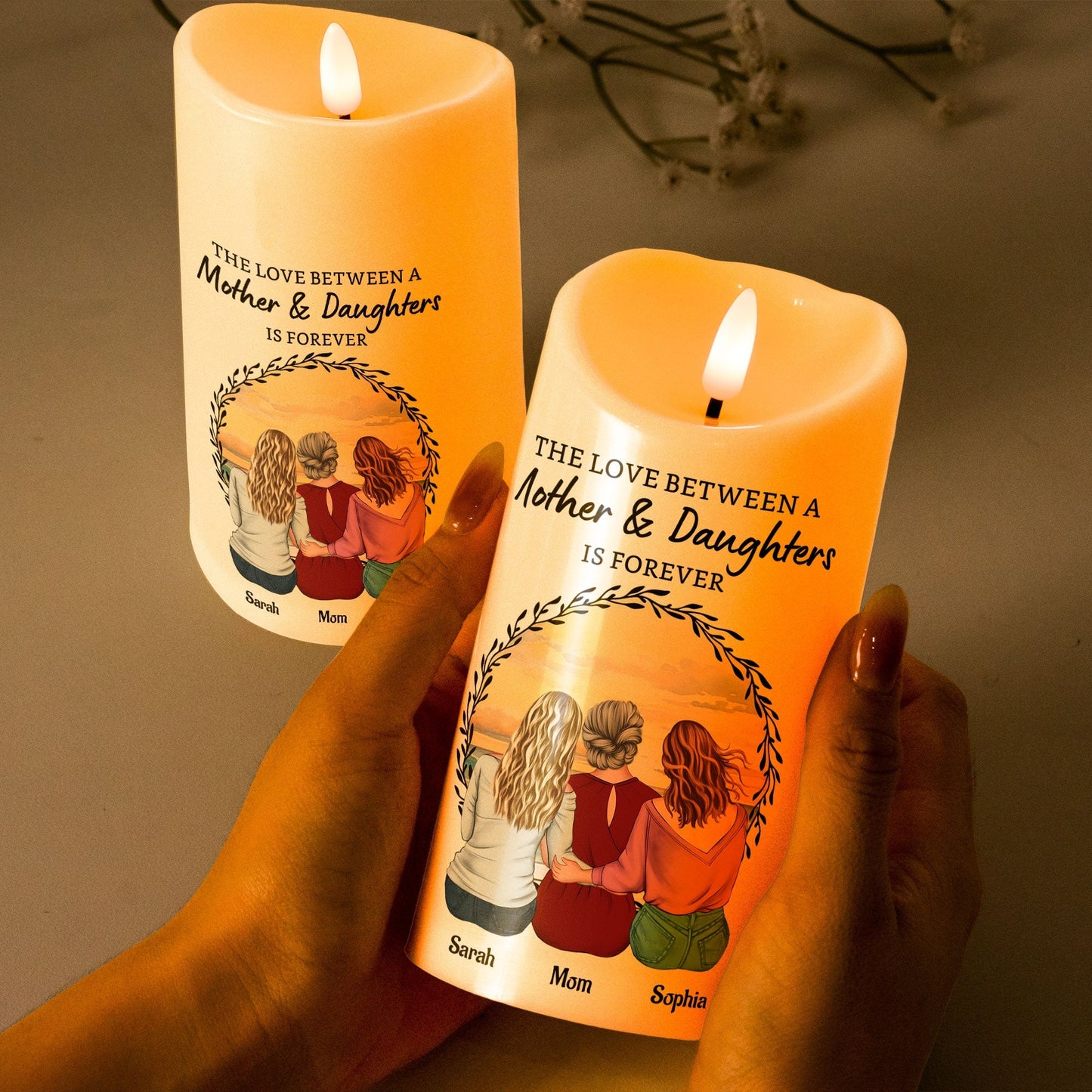 Love Is Forever - Custom Mother‑Daughters Glow Candle, Sunset Back‑View Illustration, Safe Wax‑Like Lamp Gift