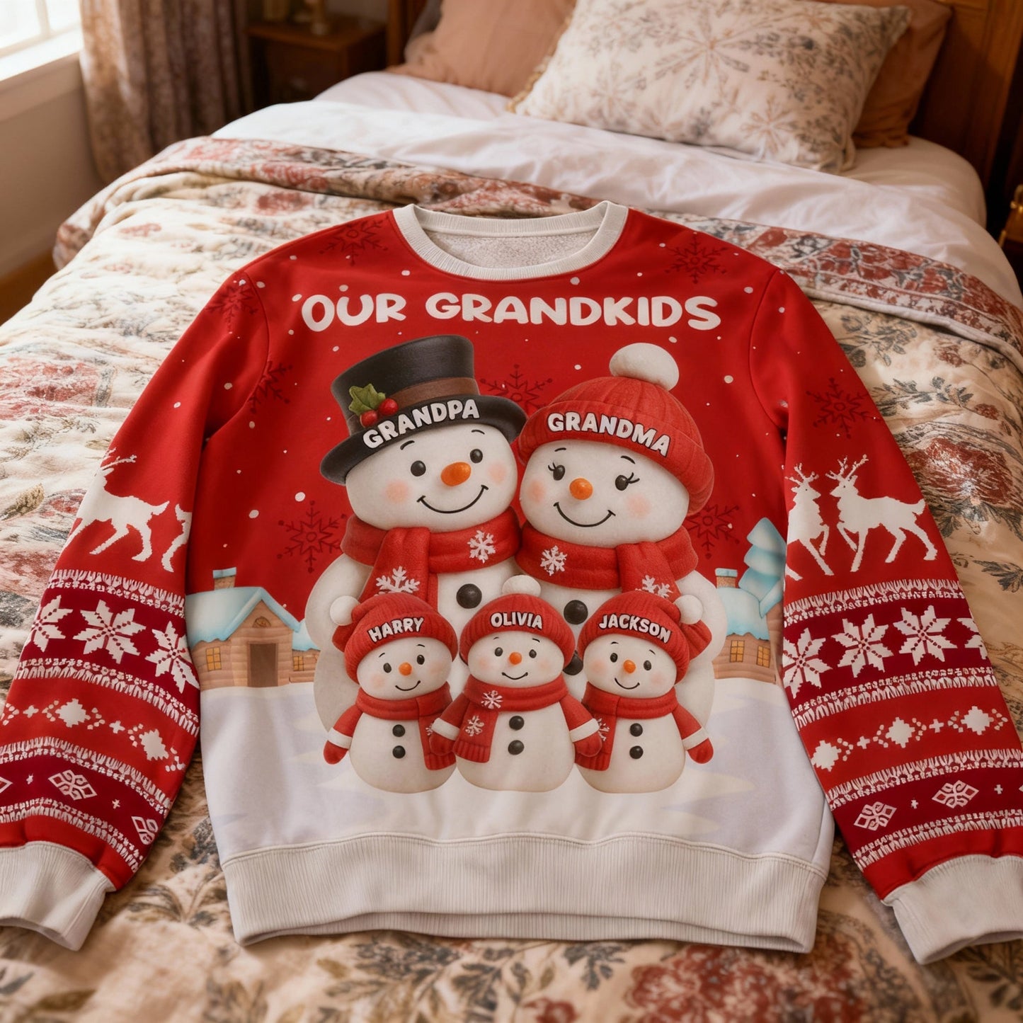 Custom Our Grandkids Snowman Printed Sweatshirt, Cute Winter Grandparent Gift for Proud Nana and Papa, Heartwarming Christmas Surprise