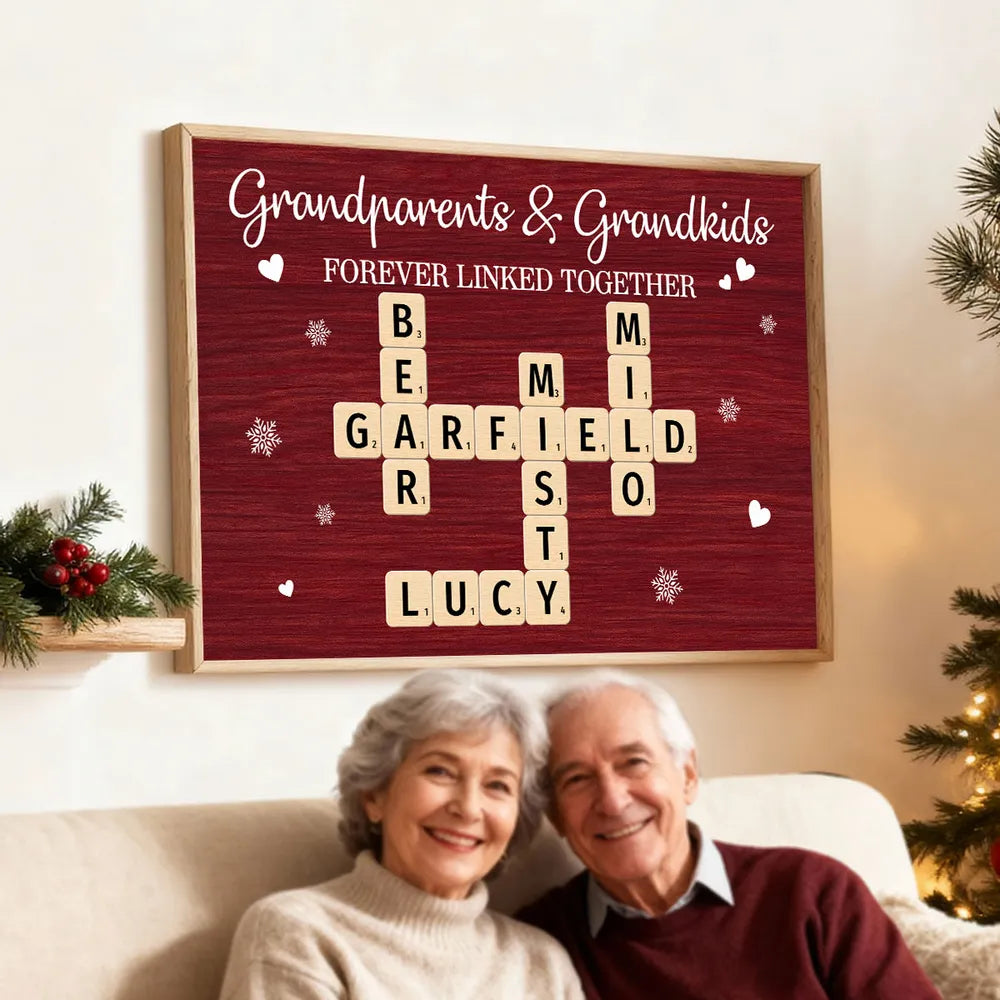 Personalized Grandparents & Grandkids Poster, Crossword Wall Art Keepsake, Cozy Red Decor, Unique Gift for Christmas or Birthdays