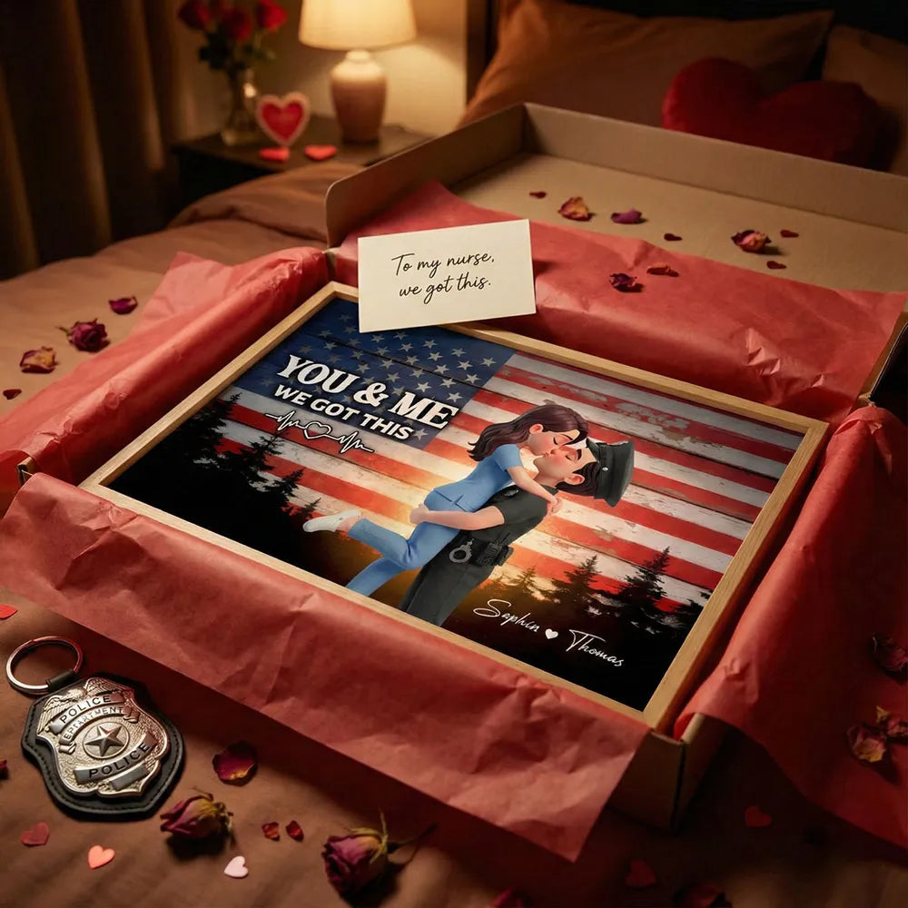 Personalized Poster of a Kissing Hero Couple on American Flag Background - Unique Gift for Couples to Say You & Me We Got This