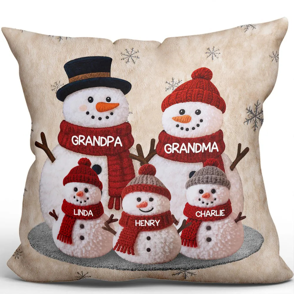 Square Pillow, Snowman Family Christmas Design, Personalized Holiday Decor, Cozy Accent for Grandma & Grandpa, a Unique Gift