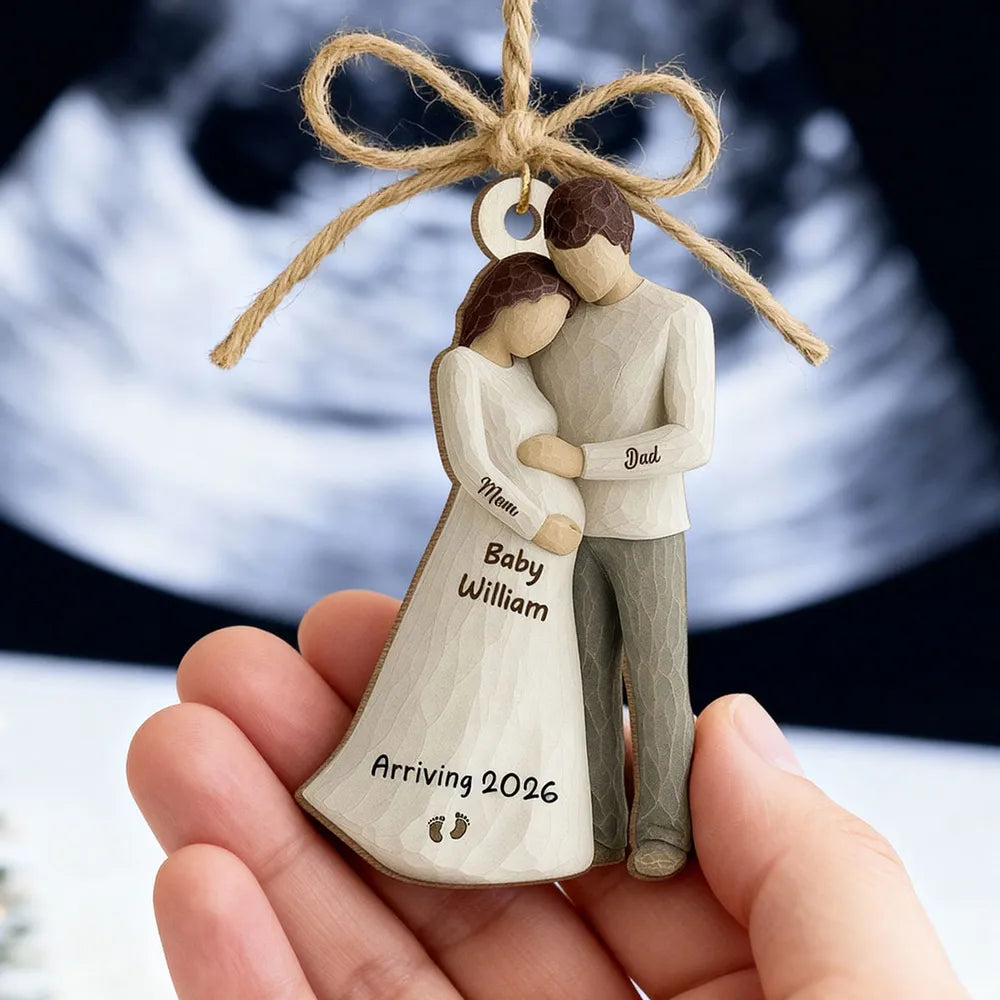 Wooden Ornament Sweet Expecting Family Hug Design, Personalized Nursery Decor Keepsake, Unique Holiday Gift for Parents