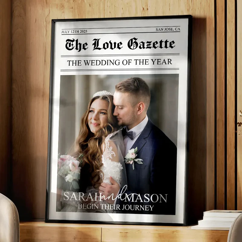 Personalized Wedding Poster Newspaper-Style Custom Photo Wall Art Gift for Newlywed Couple, Unique Keepsake Gift