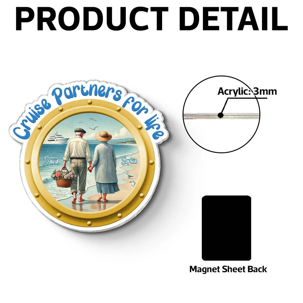 Personalized Acrylic Magnet Cruise Partners for Life, Couple Holding Hands Beach Scene, Unique Cruise Door Gift