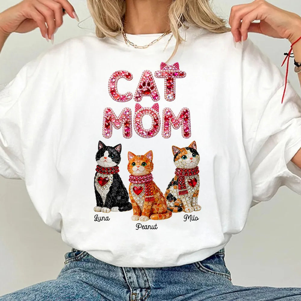 Personalized Cat Mom Classic Tee With Shiny Mosaic Cats, Cute Everyday Wear, Unique Gift for Cat Lovers
