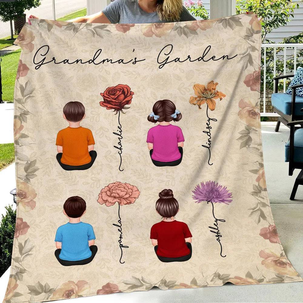 Grandma's Joy - Personalized Blanket with Grandkids & Vintage Birth Month Flowers - A Celebration of Family
