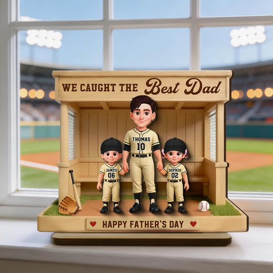 Personalized 2-Layer Wooden Plaque Baseball Dugout Dad and Kids Scene, Father's Day Gift with Heartfelt Message