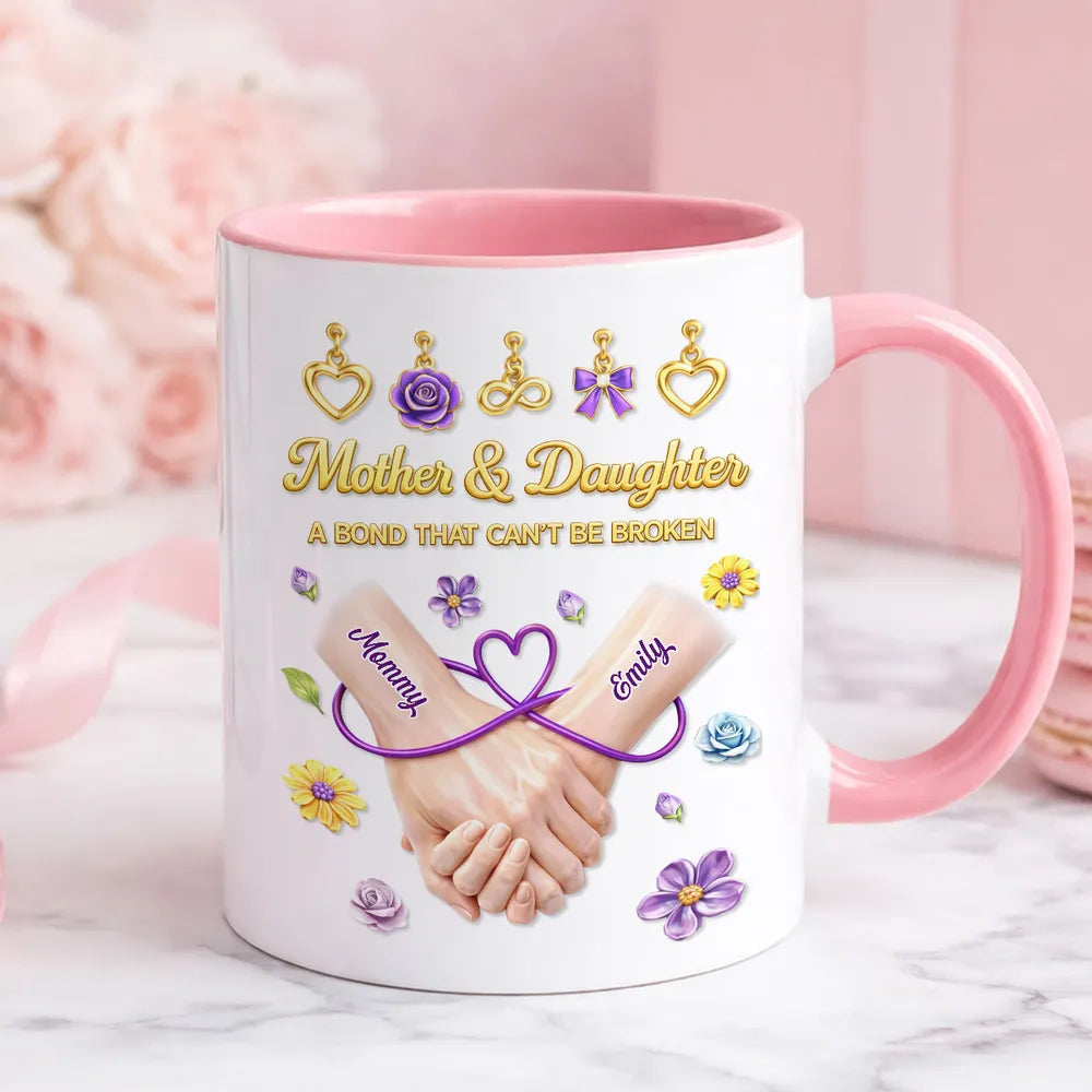 Personalized Mother & Daughter Ceramic Mug with Handholding Art, A Bond That Can't Be Broken, Unique Gift for Mom