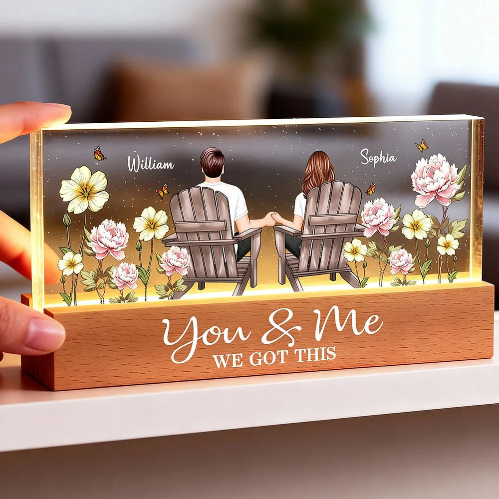 Personalized Block LED Light Plaque with Couple Holding Hands in Adirondack Chairs, Romantic Night Light Gift for Him or Her
