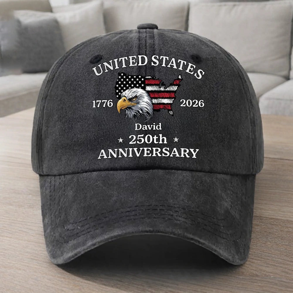 Custom Name US 250th Anniversary Flag Eagle Washed Denim Hat, Meaningful Everyday Keepsake