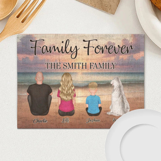 Family Forever Beach Design - Personalized Linen Placemats, Wallet Card, Blanket, Cotton Tote Bag, Wooden Carhanger, LED Plaque, Keychain and Poster, Unique Gift