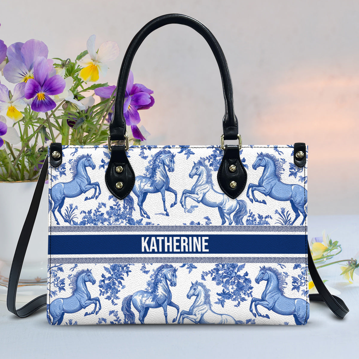 Horse Toile de Jouy - Personalized Horse Leather Handbag