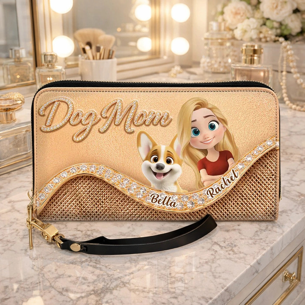 Personalized Dog Mom Leather Long Wallet, Custom Cartoon Woman & Puppy, Sleek Daily Carry, Unique Gift for Her
