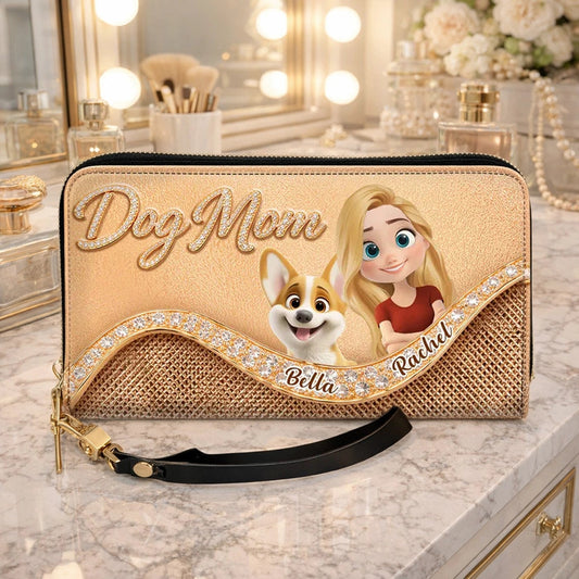 Personalized Dog Mom Leather Long Wallet, Custom Cartoon Woman & Puppy, Sleek Daily Carry, Unique Gift for Her