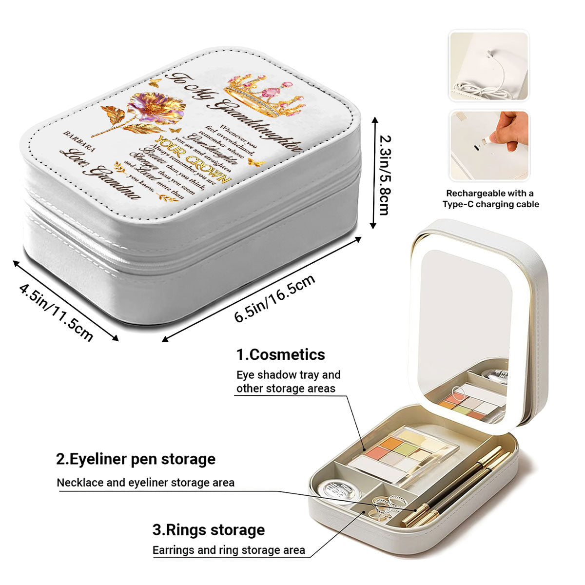 Personalized Leather LED Makeup Case with Crown Quote – Unique Granddaughter Gift from Grandma, Encouraging & Heartwarming Keepsake