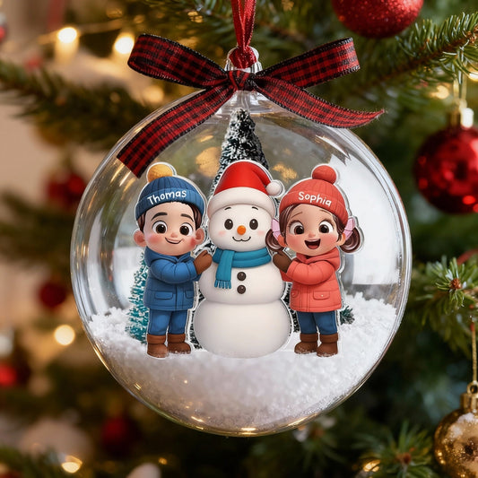 Snow Globe Ornament - Cute 3D Snowman Scene in Clear Acrylic, Easy to Hang, unique gift for Kids & Grandkids