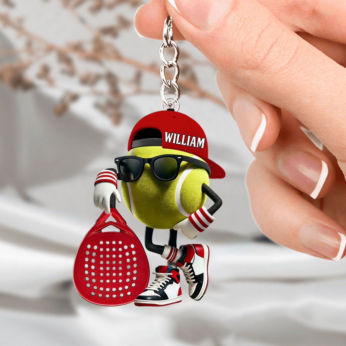 Personalized Padel Acrylic Keychain Cute Tennis Ball Character with Sunglasses and Cap - Unique Gift for Sports Fans