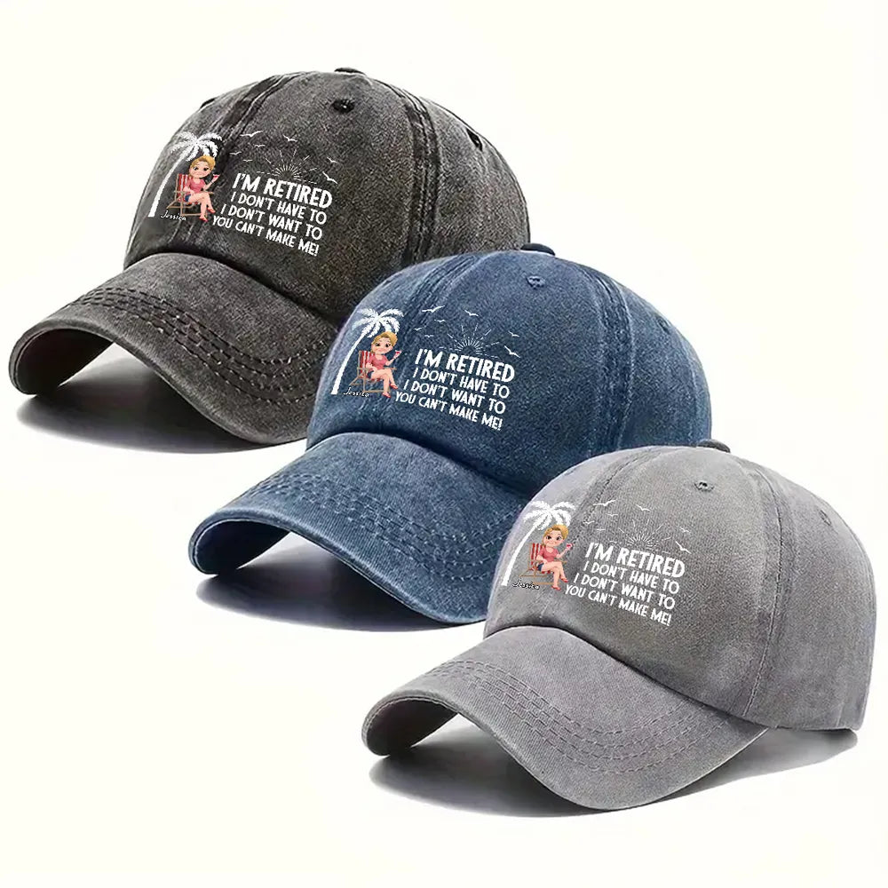 Personalized Washed Denim Baseball Cap with I'm Retired Quote, Funny Everyday Outdoor Wear, Unique Gift for Retiree
