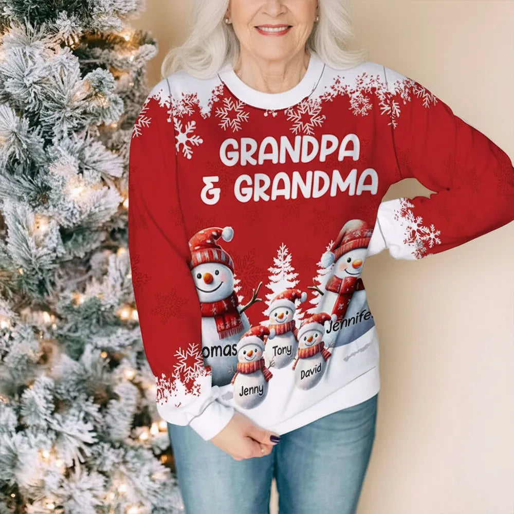 Personalized Printed Sweatshirt for Grandma and Grandpa with Cute Snowman Family Art, Cozy Christmas Keepsake & Unique Grandparent Gift