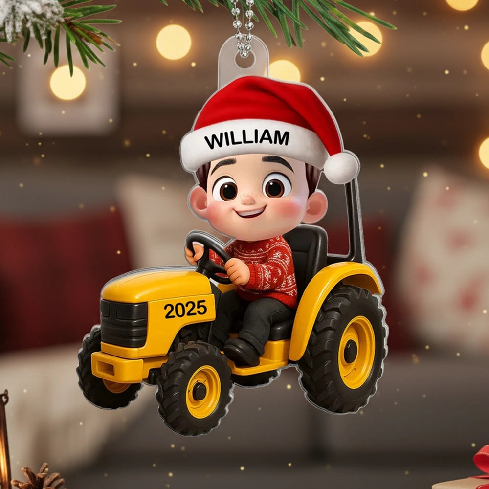 Cartoon Boy Tractor Acrylic Ornament with Christmas Cheer, Perfect Gift for Kids